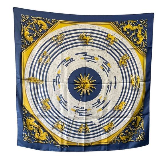 Vintage Hermès silk scarf Dies Et Hore Horoscope By Facconet Navy Blue Gold - Picture 12 of 15